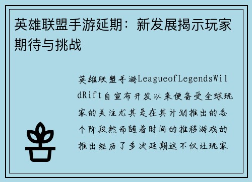英雄联盟手游延期：新发展揭示玩家期待与挑战
