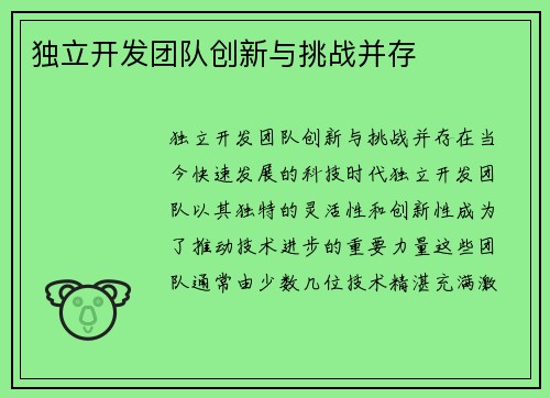 独立开发团队创新与挑战并存